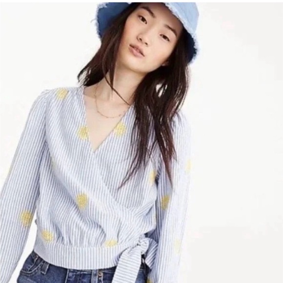 J. Crew Tops - J Crew Womens Blue & White Striped WrapEmbroidered Pineapple Top Bluse Sz L(k11)